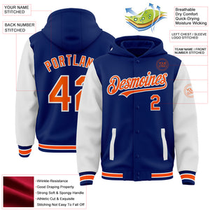 Custom Royal Orange-White Bomber Full-Snap Varsity Letterman Two Tone Hoodie Jacket