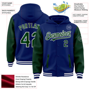 Custom Royal Green-White Bomber Full-Snap Varsity Letterman Two Tone Hoodie Jacket