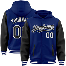 Load image into Gallery viewer, Custom Royal Black-White Bomber Full-Snap Varsity Letterman Two Tone Hoodie Jacket
