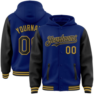 Custom Royal Black-Old Gold Bomber Full-Snap Varsity Letterman Two Tone Hoodie Jacket