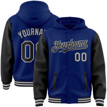 Load image into Gallery viewer, Custom Royal Black-Gray Bomber Full-Snap Varsity Letterman Two Tone Hoodie Jacket
