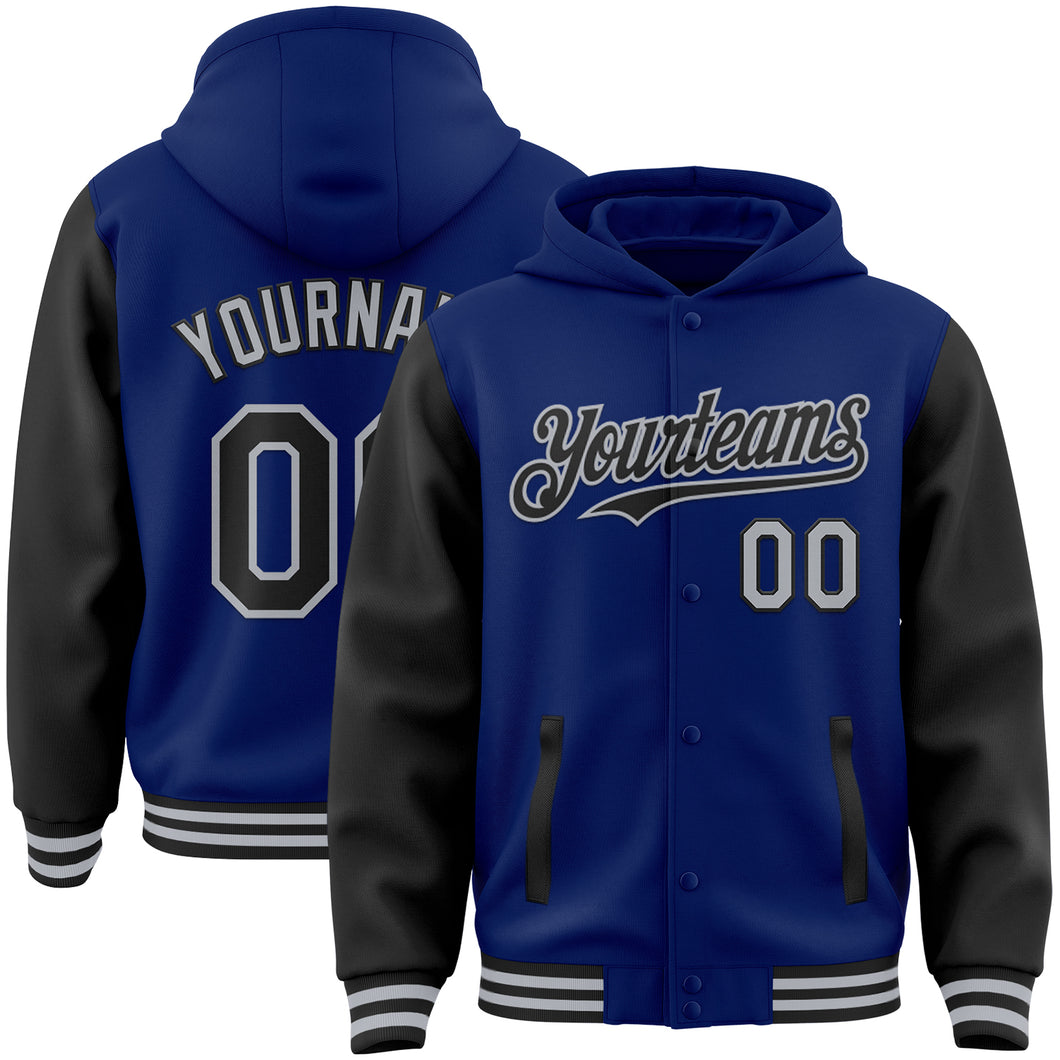 Custom Royal Black-Gray Bomber Full-Snap Varsity Letterman Two Tone Hoodie Jacket