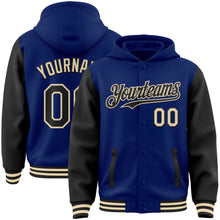 Load image into Gallery viewer, Custom Royal Black-Cream Bomber Full-Snap Varsity Letterman Two Tone Hoodie Jacket
