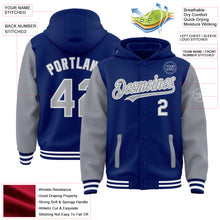 Load image into Gallery viewer, Custom Royal Gray-White Bomber Full-Snap Varsity Letterman Two Tone Hoodie Jacket
