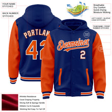 Load image into Gallery viewer, Custom Royal Orange-White Bomber Full-Snap Varsity Letterman Two Tone Hoodie Jacket
