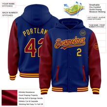 Load image into Gallery viewer, Custom Royal Crimson-Gold Bomber Full-Snap Varsity Letterman Two Tone Hoodie Jacket
