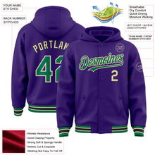 Load image into Gallery viewer, Custom Purple Kelly Green-Cream Bomber Full-Snap Varsity Letterman Hoodie Jacket
