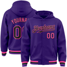 Load image into Gallery viewer, Custom Purple Black-Pink Bomber Full-Snap Varsity Letterman Hoodie Jacket
