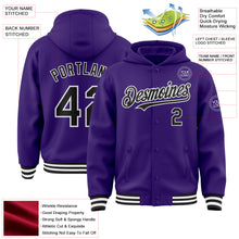 Load image into Gallery viewer, Custom Purple Black-White Bomber Full-Snap Varsity Letterman Hoodie Jacket
