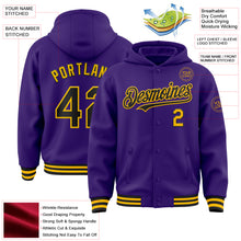 Load image into Gallery viewer, Custom Purple Black-Gold Bomber Full-Snap Varsity Letterman Hoodie Jacket
