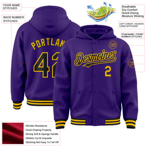 Custom Purple Black-Gold Bomber Full-Snap Varsity Letterman Hoodie Jacket