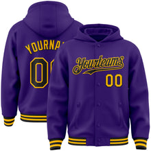 Load image into Gallery viewer, Custom Purple Black-Gold Bomber Full-Snap Varsity Letterman Hoodie Jacket
