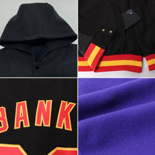 Load image into Gallery viewer, Custom Purple Black-Old Gold Bomber Full-Snap Varsity Letterman Hoodie Jacket
