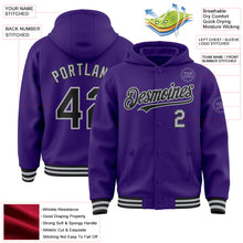 Load image into Gallery viewer, Custom Purple Black-Gray Bomber Full-Snap Varsity Letterman Hoodie Jacket
