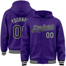 Load image into Gallery viewer, Custom Purple Black-Gray Bomber Full-Snap Varsity Letterman Hoodie Jacket
