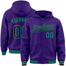 Load image into Gallery viewer, Custom Purple Black-Teal Bomber Full-Snap Varsity Letterman Hoodie Jacket
