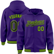 Load image into Gallery viewer, Custom Purple Black-Neon Green Bomber Full-Snap Varsity Letterman Hoodie Jacket
