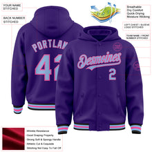 Load image into Gallery viewer, Custom Purple Light Blue Pink-Black Bomber Full-Snap Varsity Letterman Hoodie Jacket
