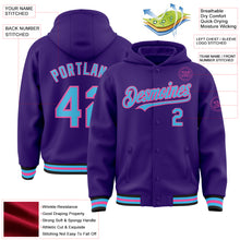 Load image into Gallery viewer, Custom Purple Sky Blue Pink-Black Bomber Full-Snap Varsity Letterman Hoodie Jacket
