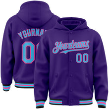 Load image into Gallery viewer, Custom Purple Sky Blue Pink-Black Bomber Full-Snap Varsity Letterman Hoodie Jacket
