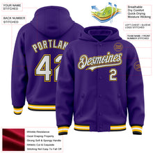 Load image into Gallery viewer, Custom Purple Black-Gold Bomber Full-Snap Varsity Letterman Hoodie Jacket
