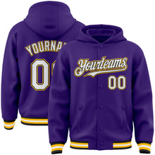 Load image into Gallery viewer, Custom Purple Black-Gold Bomber Full-Snap Varsity Letterman Hoodie Jacket
