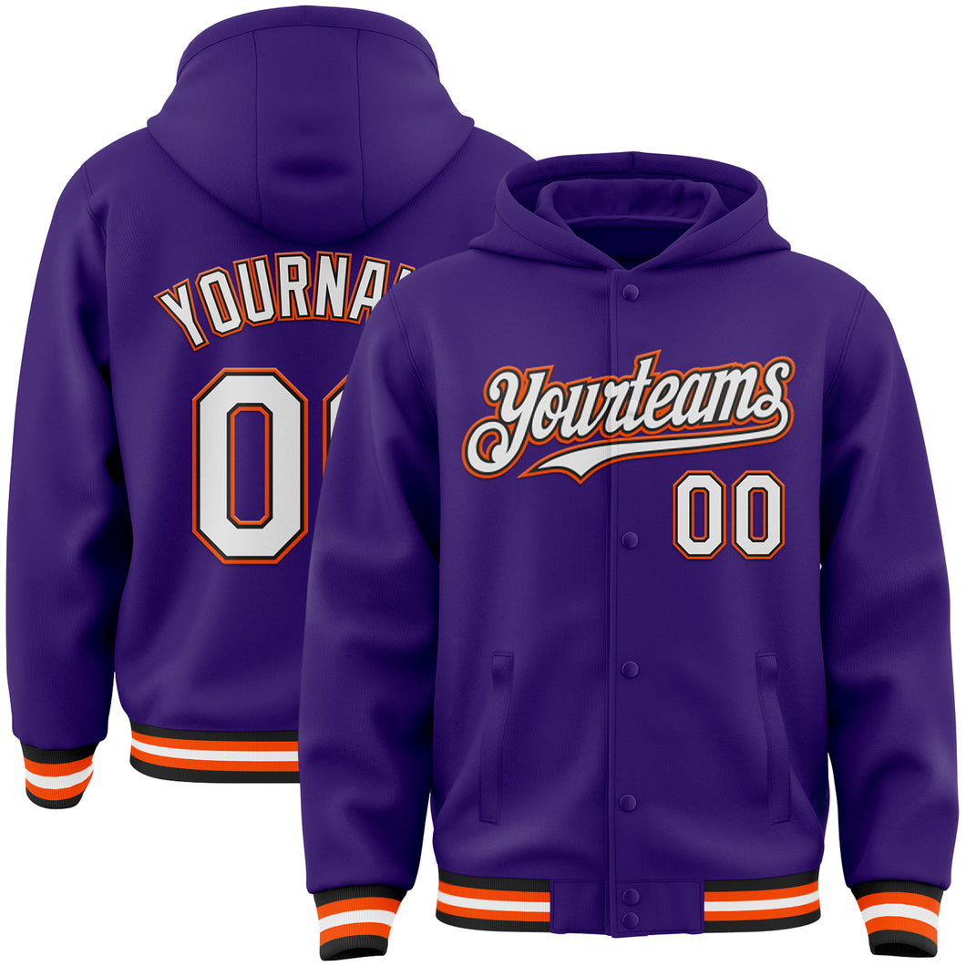 Custom Purple Black-Orange Bomber Full-Snap Varsity Letterman Hoodie Jacket