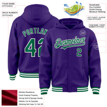 Load image into Gallery viewer, Custom Purple Kelly Green-White Bomber Full-Snap Varsity Letterman Hoodie Jacket
