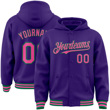 Custom Purple Pink-Kelly Green Bomber Full-Snap Varsity Letterman Hoodie Jacket