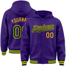 Load image into Gallery viewer, Custom Purple Green-Gold Bomber Full-Snap Varsity Letterman Hoodie Jacket
