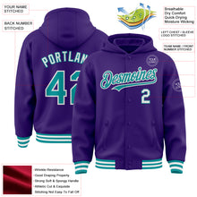 Load image into Gallery viewer, Custom Purple Teal-White Bomber Full-Snap Varsity Letterman Hoodie Jacket
