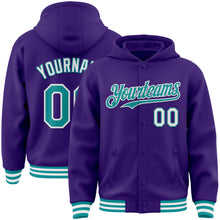 Load image into Gallery viewer, Custom Purple Teal-White Bomber Full-Snap Varsity Letterman Hoodie Jacket
