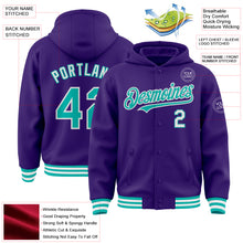 Load image into Gallery viewer, Custom Purple Aqua-White Bomber Full-Snap Varsity Letterman Hoodie Jacket
