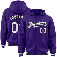 Load image into Gallery viewer, Custom Purple White-Black Bomber Full-Snap Varsity Letterman Hoodie Jacket
