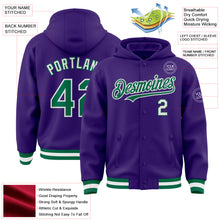 Load image into Gallery viewer, Custom Purple Kelly Green-White Bomber Full-Snap Varsity Letterman Hoodie Jacket
