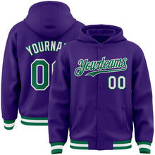 Load image into Gallery viewer, Custom Purple Kelly Green-White Bomber Full-Snap Varsity Letterman Hoodie Jacket
