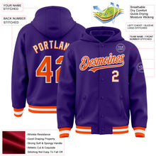 Load image into Gallery viewer, Custom Purple Orange-White Bomber Full-Snap Varsity Letterman Hoodie Jacket
