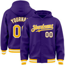 Load image into Gallery viewer, Custom Purple Gold-White Bomber Full-Snap Varsity Letterman Hoodie Jacket
