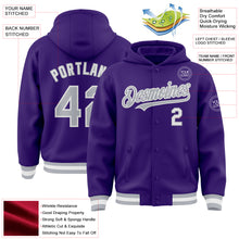 Load image into Gallery viewer, Custom Purple Gray-White Bomber Full-Snap Varsity Letterman Hoodie Jacket
