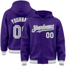 Load image into Gallery viewer, Custom Purple Gray-White Bomber Full-Snap Varsity Letterman Hoodie Jacket
