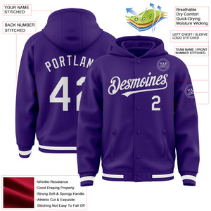 Custom Purple White Bomber Full-Snap Varsity Letterman Hoodie Jacket