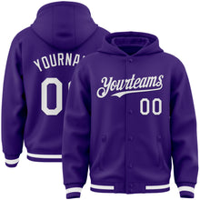 Load image into Gallery viewer, Custom Purple White Bomber Full-Snap Varsity Letterman Hoodie Jacket
