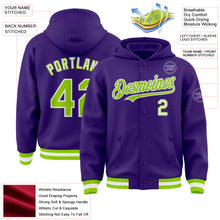 Load image into Gallery viewer, Custom Purple Neon Green-White Bomber Full-Snap Varsity Letterman Hoodie Jacket
