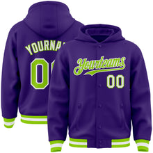 Load image into Gallery viewer, Custom Purple Neon Green-White Bomber Full-Snap Varsity Letterman Hoodie Jacket
