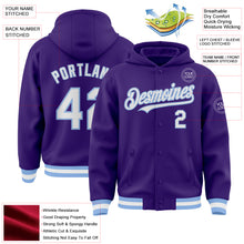 Load image into Gallery viewer, Custom Purple White-Light Blue Bomber Full-Snap Varsity Letterman Hoodie Jacket
