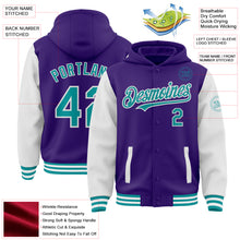 Load image into Gallery viewer, Custom Purple Teal-White Bomber Full-Snap Varsity Letterman Two Tone Hoodie Jacket
