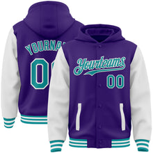 Load image into Gallery viewer, Custom Purple Teal-White Bomber Full-Snap Varsity Letterman Two Tone Hoodie Jacket
