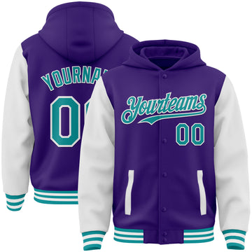 Custom Purple Teal-White Bomber Full-Snap Varsity Letterman Two Tone Hoodie Jacket