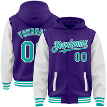 Load image into Gallery viewer, Custom Purple Aqua-White Bomber Full-Snap Varsity Letterman Two Tone Hoodie Jacket
