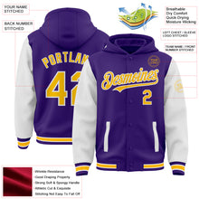 Load image into Gallery viewer, Custom Purple Gold-White Bomber Full-Snap Varsity Letterman Two Tone Hoodie Jacket
